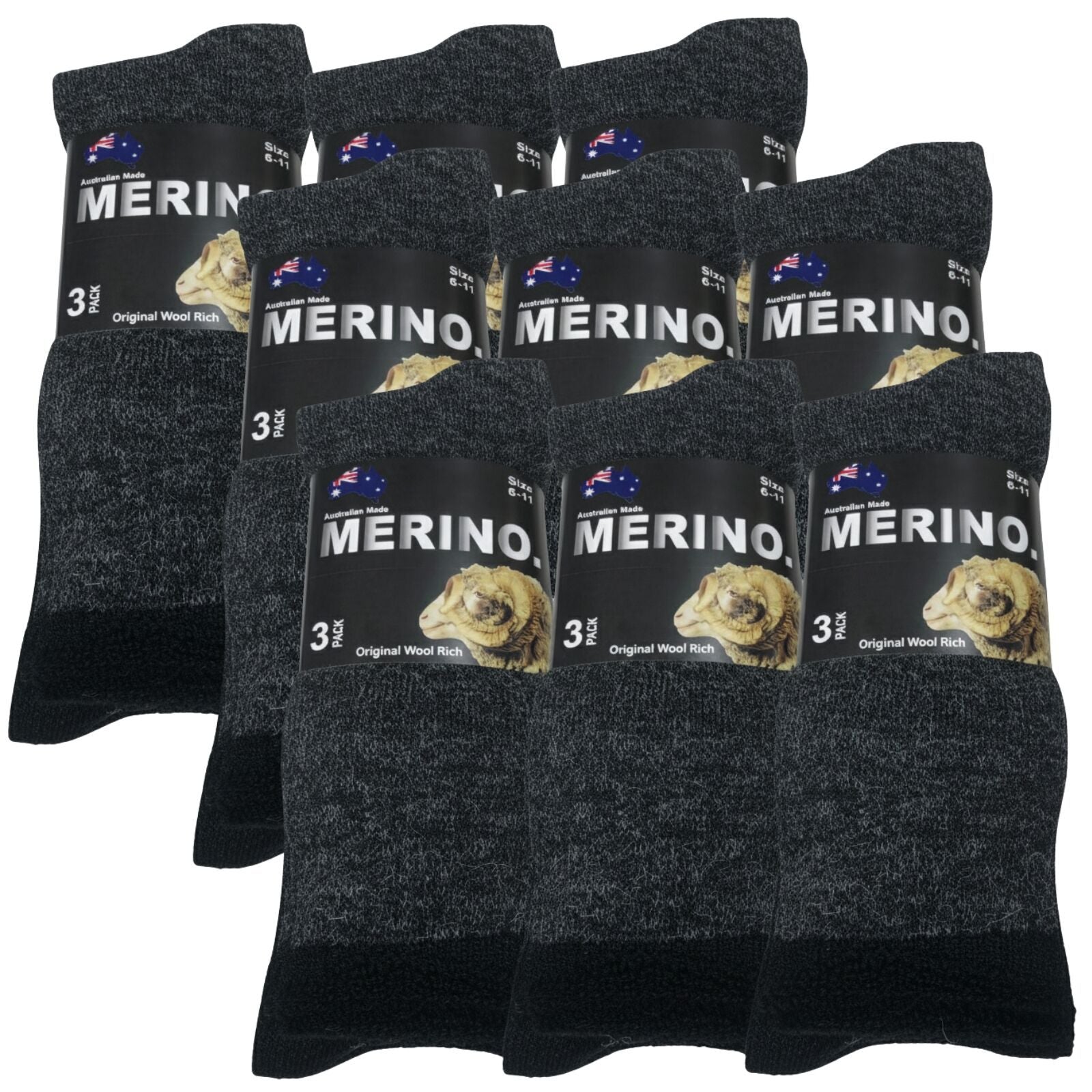 9 Pairs MERINO WOOL SOCKS Mens Heavy Duty Premium Thick Work Socks Cushion in Charcoal